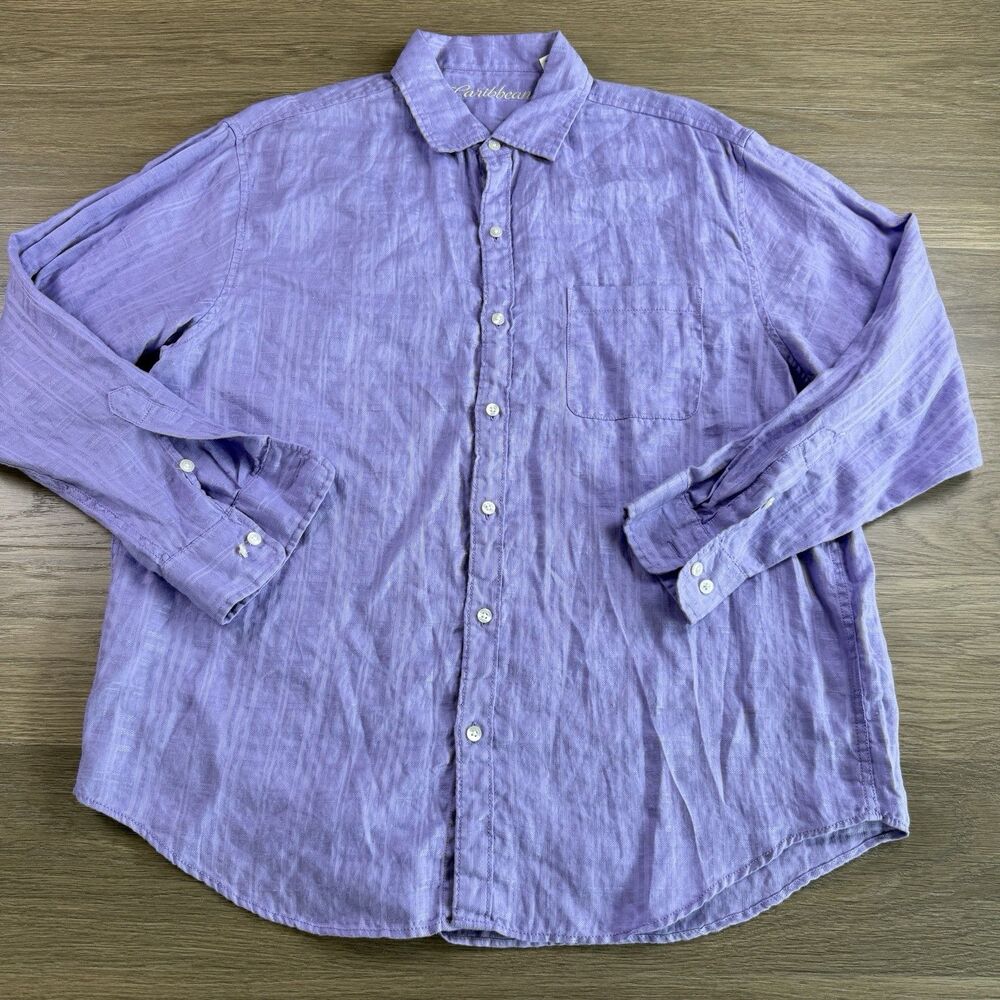 Caribbean Shirt Men Large Linen Cotton Blend Lavender Travel Summer Resort Beach
